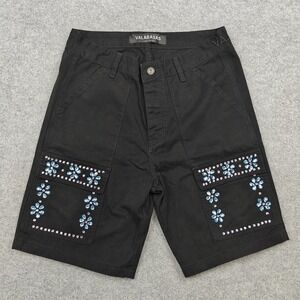 Valabasas Cargo Shorts Mens 32 Black Floral Rhinestone Canvas Streetwear Pockets